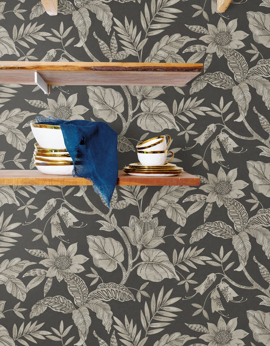 Seabrook Designs Rainforest Leaves Brushed Ebony And Stone Wallpaper RY30200