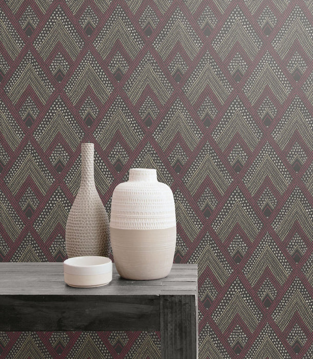 Seabrook Designs Panama Boho Diamonds Cranberry And Brushed Ebony Wallpaper RY30507