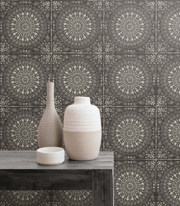 Seabrook Designs Mandala Boho Tile Brushed Ebony And Stone Wallpaper Sample RY30700