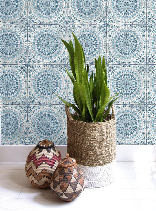 Seabrook Designs Mandala Boho Tile Cerulean And Washed Denim Wallpaper RY30702