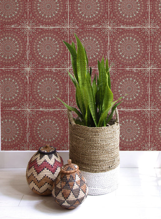 Seabrook Designs Mandala Boho Tile Cabernet And Aloe Green Wallpaper RY30710