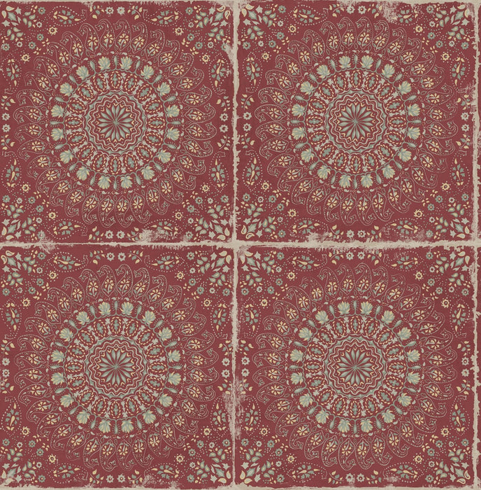 Seabrook Designs Mandala Boho Tile Cabernet And Aloe Green Wallpaper Sample RY30710