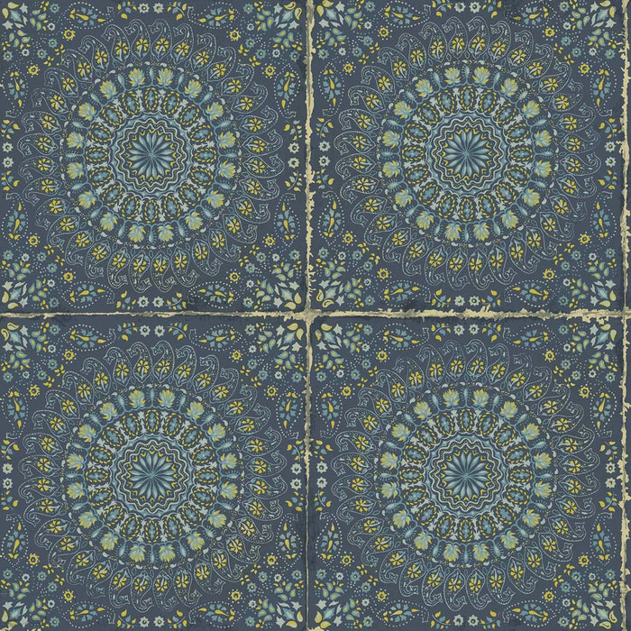 Seabrook Designs Mandala Boho Tile Navy Blue And Dandelion Wallpaper Sample RY30712