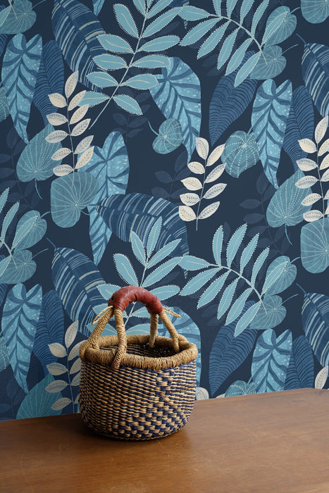 Seabrook Designs Tropicana Leaves Sky Blue And Champlain Wallpaper Sample RY30902