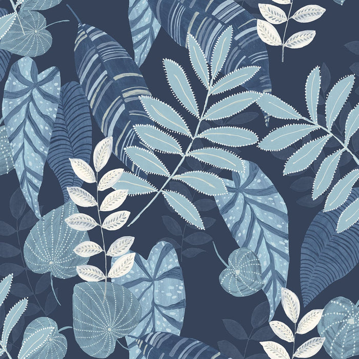 Seabrook Designs Tropicana Leaves Sky Blue And Champlain Wallpaper Sample RY30902