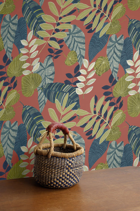 Seabrook Designs Tropicana Leaves Redwood, Olive, And Washed Denim Wallpaper Sample RY30906