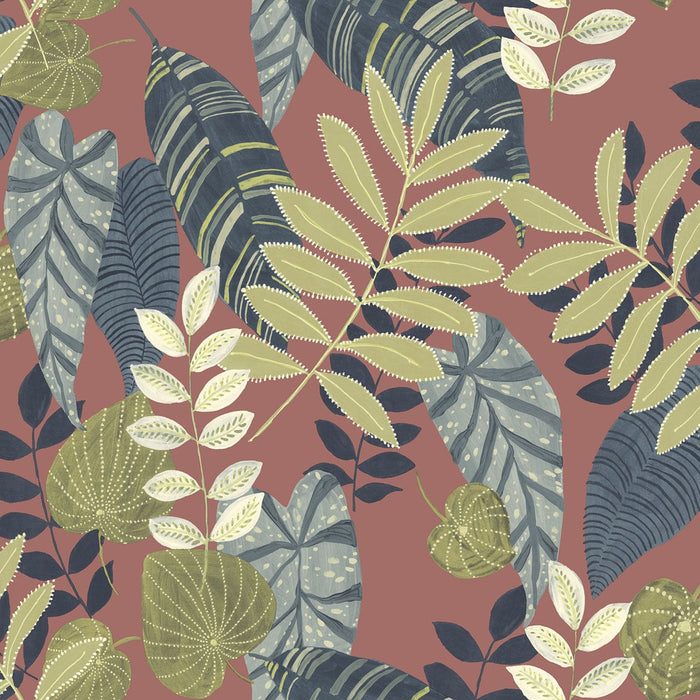 Seabrook Designs Tropicana Leaves Redwood, Olive, And Washed Denim Wallpaper RY30906