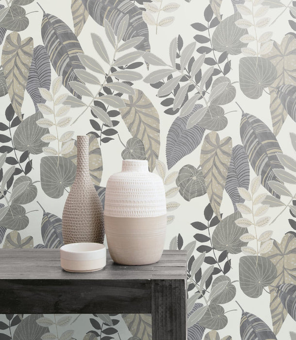 Seabrook Designs Tropicana Leaves Charcoal, Stone, And Daydream Gray Wallpaper Sample RY30908