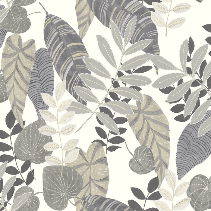 Seabrook Designs Tropicana Leaves Charcoal, Stone, And Daydream Gray Wallpaper Sample RY30908