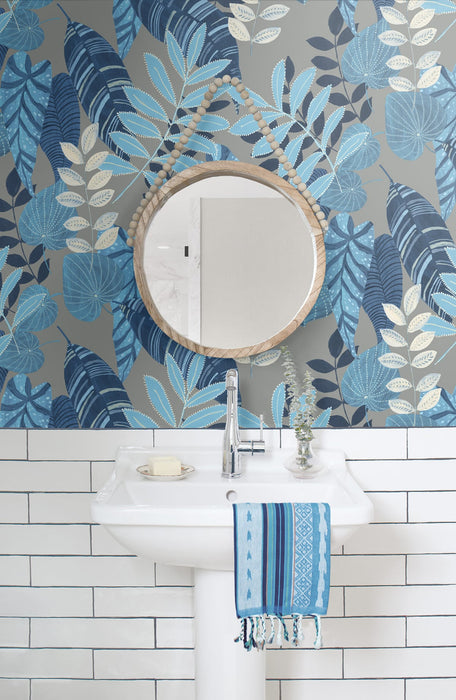 Seabrook Designs Tropicana Leaves Metallic Gray, Sky Blue, And Champlain Wallpaper RY30912