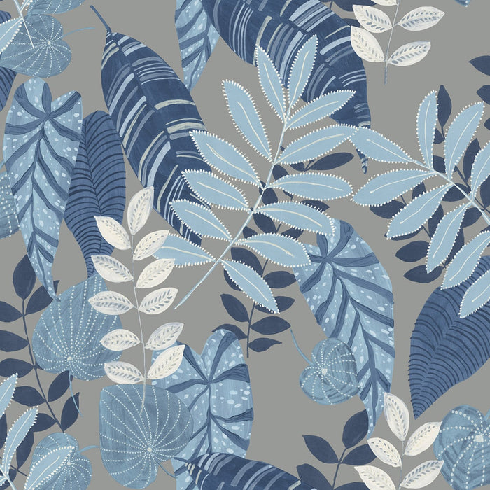 Seabrook Designs Tropicana Leaves Metallic Gray, Sky Blue, And Champlain Wallpaper RY30912