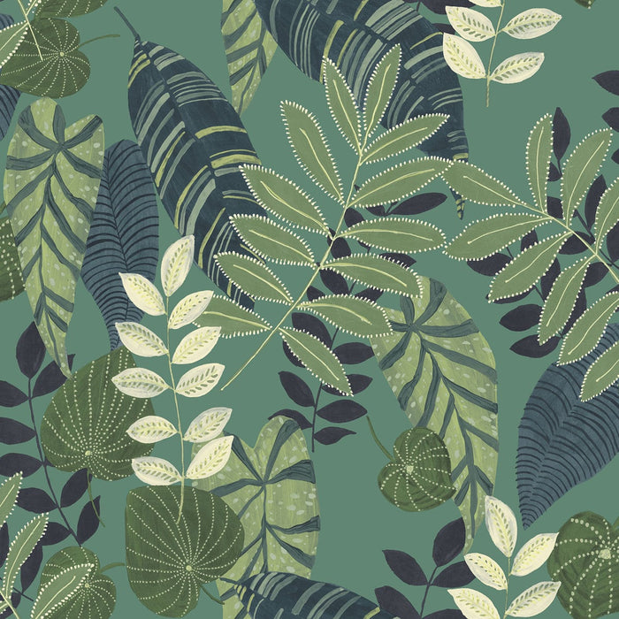 Seabrook Designs Tropicana Leaves Jade, Rosemary, And Spruce Wallpaper Sample RY30914