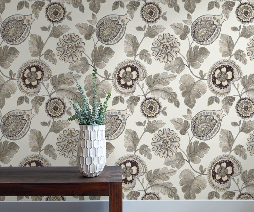 Seabrook Designs Calypso Paisley Leaf Stone And Latte Wallpaper Sample RY31200