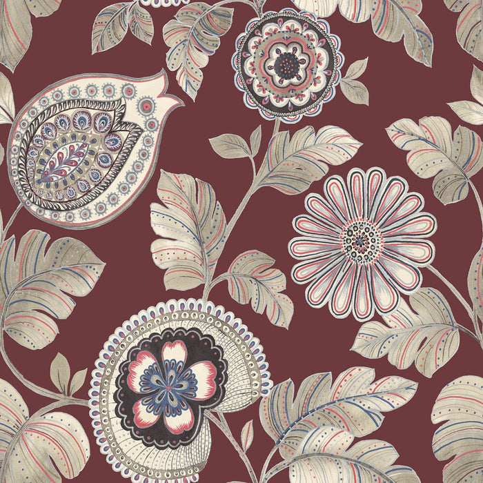 Seabrook Designs Calypso Paisley Leaf Cabernet And Coral Wallpaper Sample RY31201