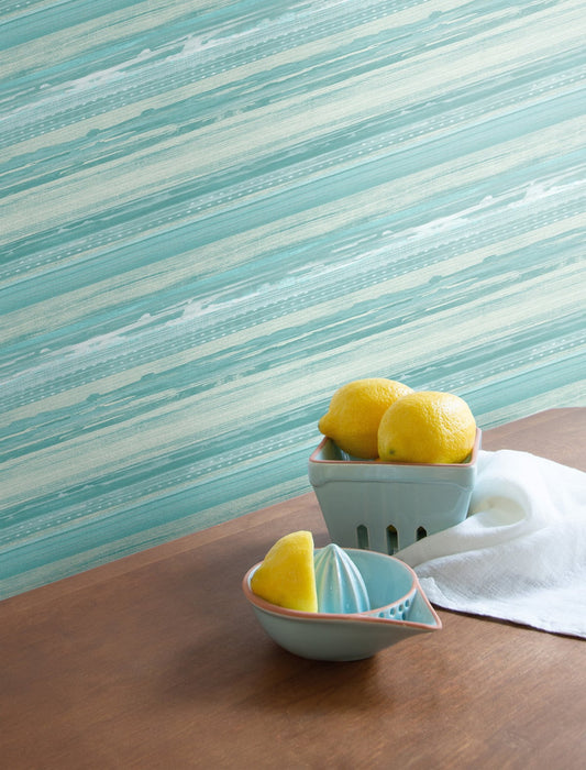 Seabrook Designs Horizon Brushed Stripe Teal, Seafoam, And Ivory Wallpaper Sample RY31304