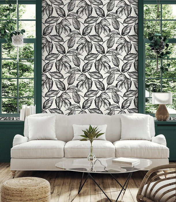 Seabrook Designs Beckett Sketched Leaves Volcanic Black Wallpaper SC20000