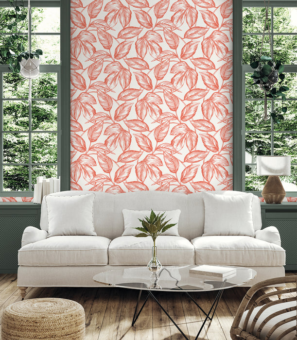 Seabrook Designs Beckett Sketched Leaves Rich Coral Wallpaper SC20001