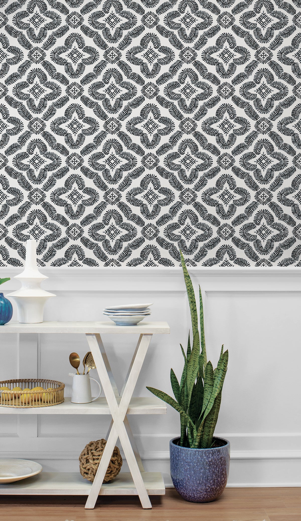 Seabrook Designs Talia Botanical Medallion Black And White Wallpaper SC21300