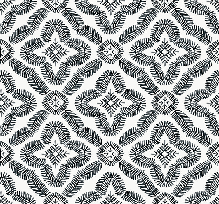 Seabrook Designs Talia Botanical Medallion Black And White Wallpaper Sample SC21300