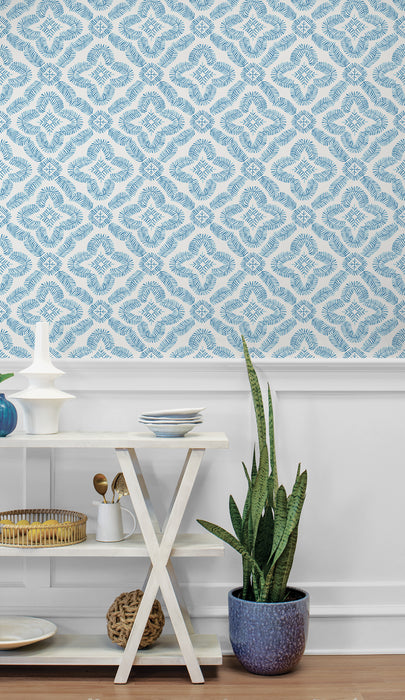 Seabrook Designs Talia Botanical Medallion Breezy Blue Wallpaper Sample SC21302