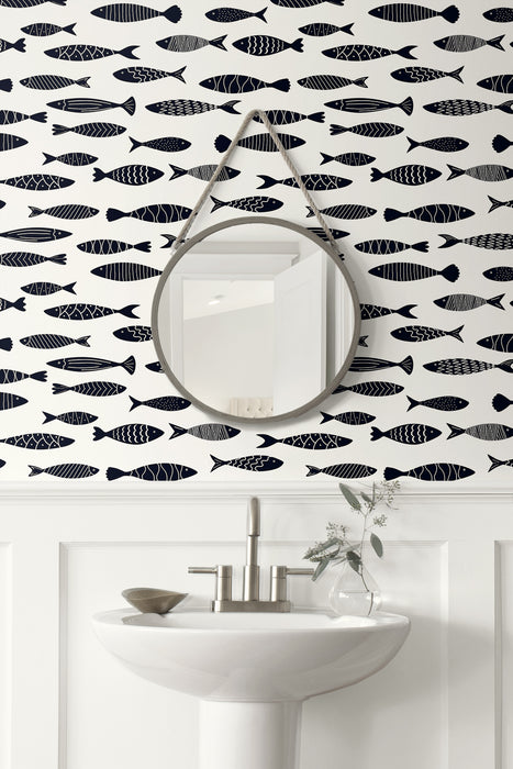 Seabrook Designs Bay Fish Black And White Wallpaper Sample SC21500