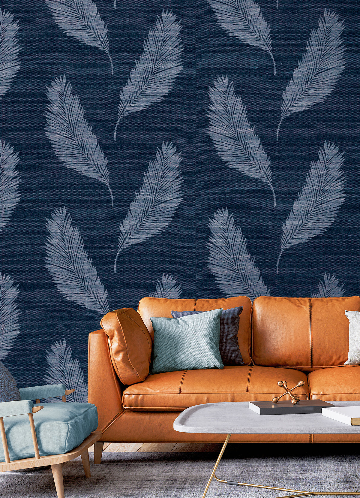 Seabrook Designs Tossed Palm Sisal Grasscloth Midnight Blue Wallpaper SC21602