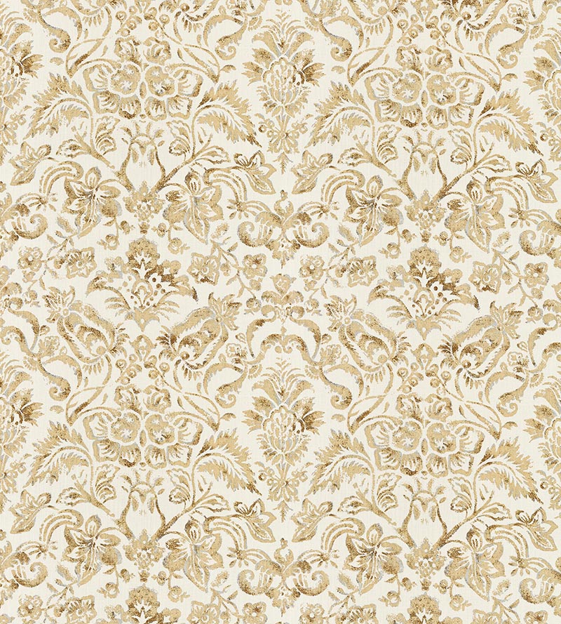 Scalamandre Mansfield Damask Print Ivory & Burnished Gold Fabric SC 000116598