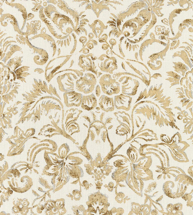 Scalamandre Mansfield Damask Print Ivory & Burnished Gold Fabric SC 000116598