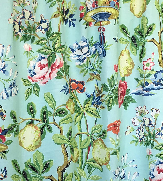 Scalamandre Shantung Garden Cotton Print Aquamarine Fabric SC 000216583