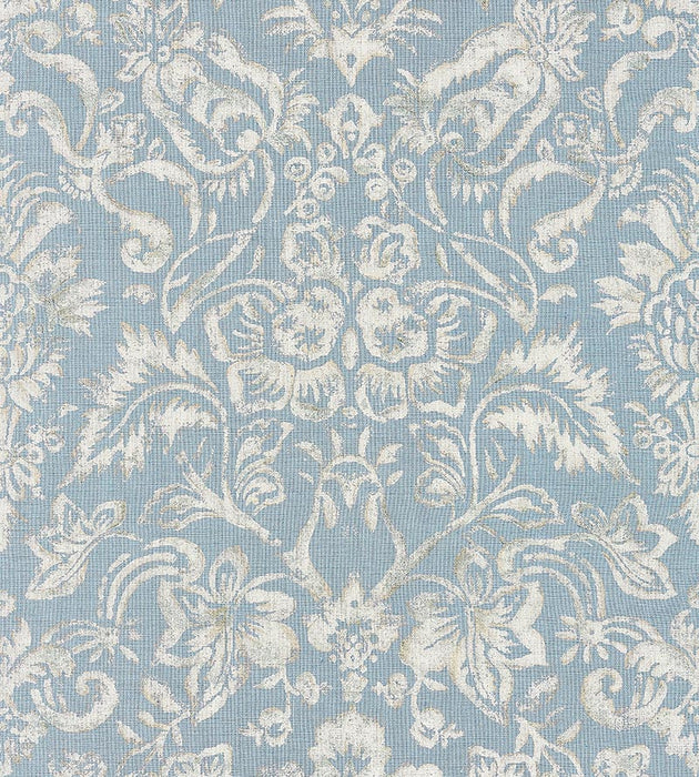 Scalamandre Mansfield Damask Print Bluestone & Silver Fabric SC 000216598