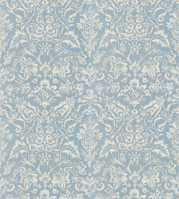 Scalamandre Mansfield Damask Print Bluestone & Silver Fabric SC 000216598