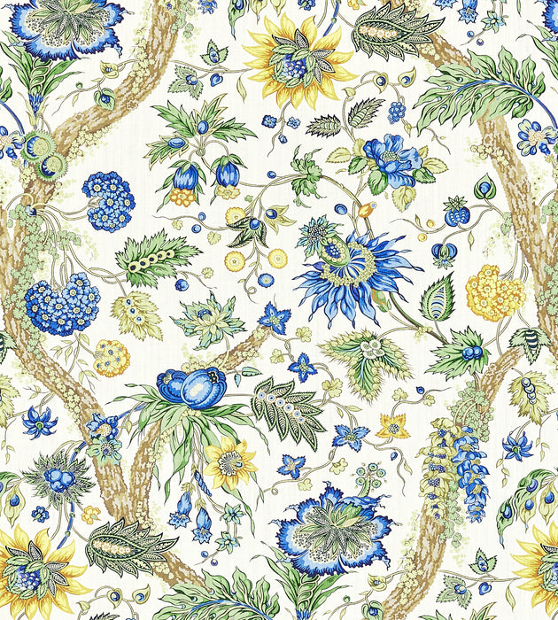 Scalamandre Fleurs Tropicales Blue And Gold Fabric SC 000216647