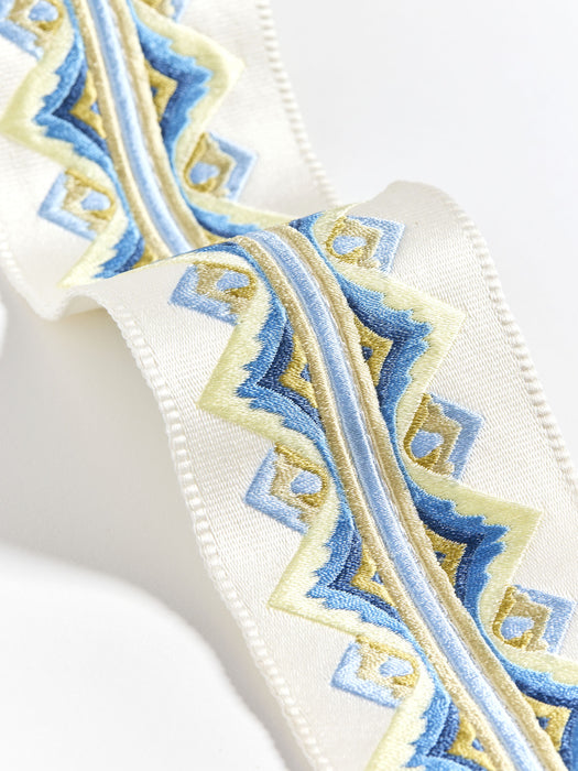 Scalamandre Flamme Embroidered Tape Blue And Yellow Trim Sample SC 0002T3335