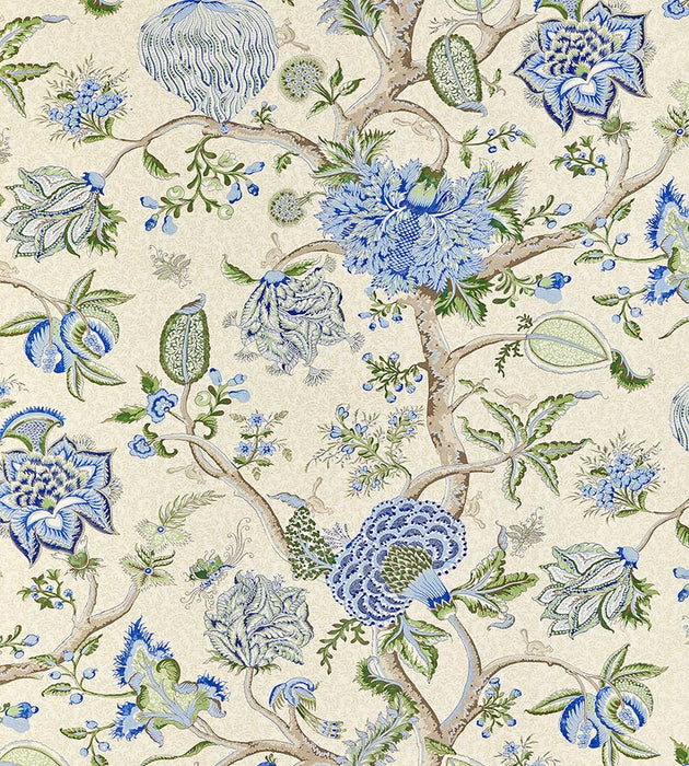 Scalamandre Pondicherry Cotton Print Blue, Green On Cream Fabric SC 000316430