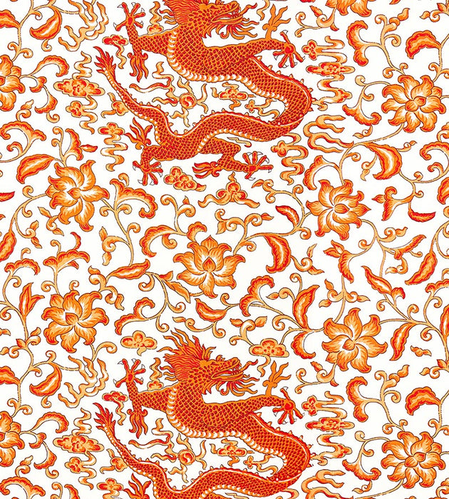 Scalamandre Chi'En Dragon Linen Print Persimmon Fabric SC 000316558