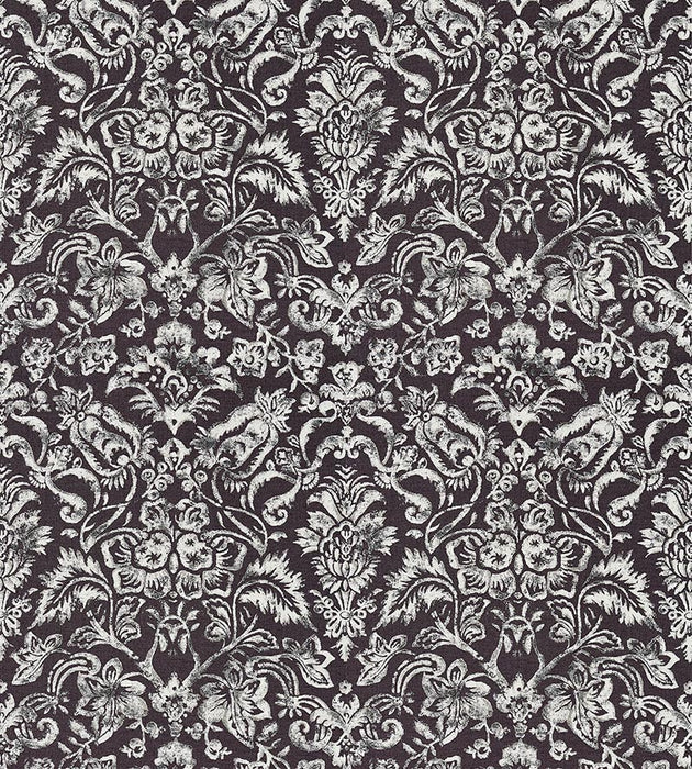 Scalamandre Mansfield Damask Print Graphite & Silver Fabric SC 000316598