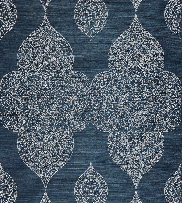 Scalamandre Taj Embroidered Sisal Indigo Wallcovering Sample SC 0003WP88555