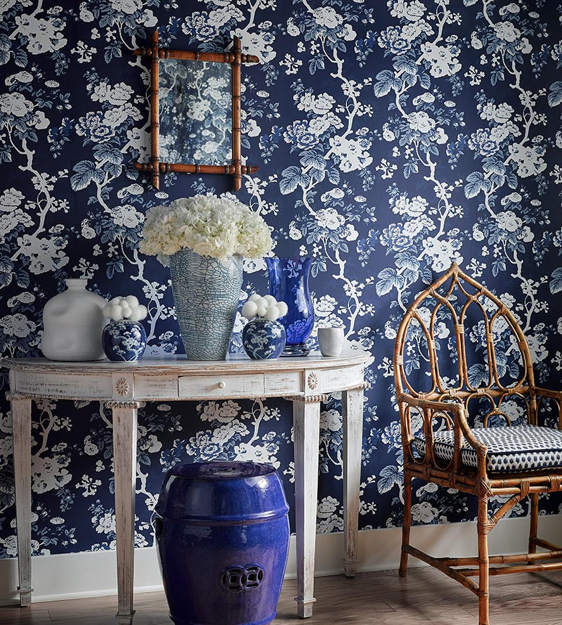 Scalamandre Ascot Floral Print Indigo Wallpaper SC 0004WP88372