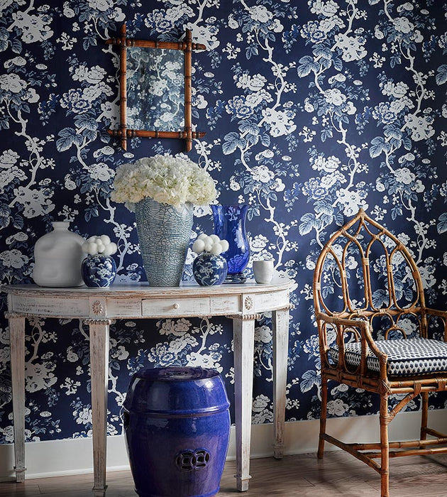 Scalamandre Ascot Floral Print Indigo Wallpaper Sample SC 0004WP88372