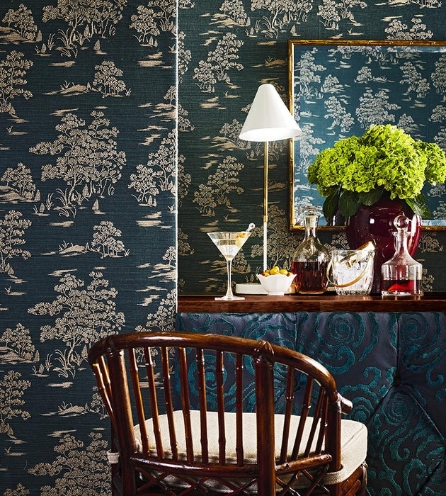 Scalamandre Katsura Embroidered Toile Peacock Wallpaper SC 0004WP88445