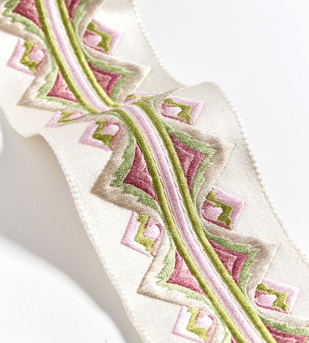 Scalamandre Flamme Embroidered Tape Pink And Green Trim SC 0005T3335