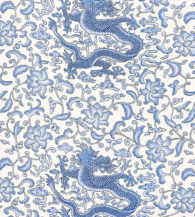 Scalamandre Chi'En Dragon Linen Print Hyacinth Blue Fabric SC 000716558