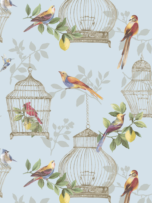 Scalamandre Audubon Songbirds On Blue Wallpaper Sample SC 1902AUDU