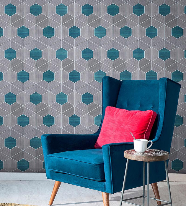 Scalamandre Hive - Wood Ash & Aqua Wallpaper SC 0003WP88467