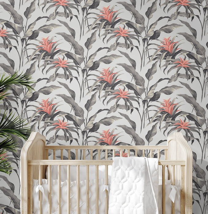 Seabrook Designs Palma Metallic Silver & Coral Wallpaper SG10301