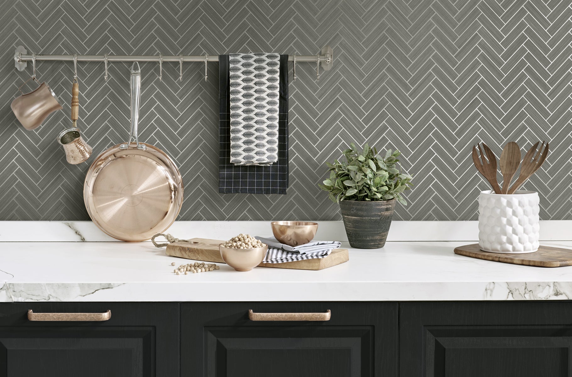 Seabrook Designs Herringbone Inlay Graphite & Metallic Silver Wallpaper SG11307