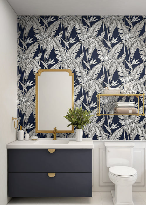 Seabrook Designs Birds Of Paradise Navy Blue & Metallic Pewter Wallpaper SG11902