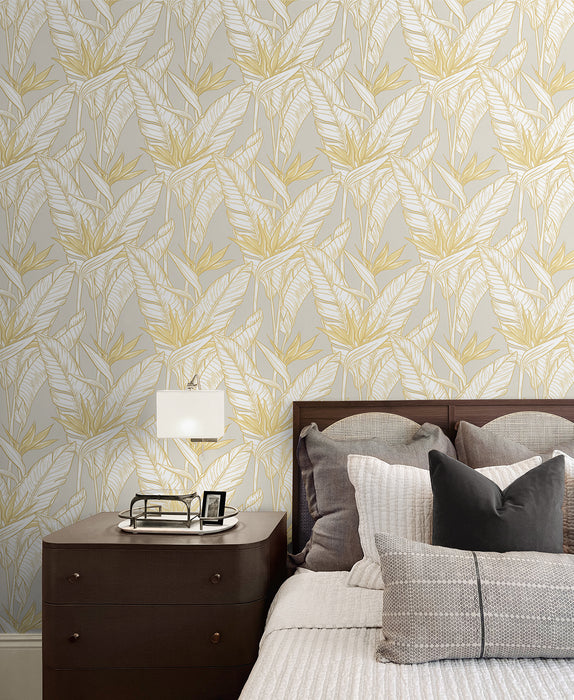 Seabrook Designs Birds Of Paradise Grey & Metallic Gold Wallpaper Sample SG11903