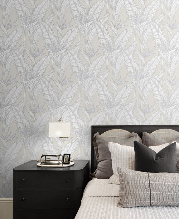 Seabrook Designs Birds Of Paradise Pearl Grey & Metallic Silver Wallpaper Sample SG11905