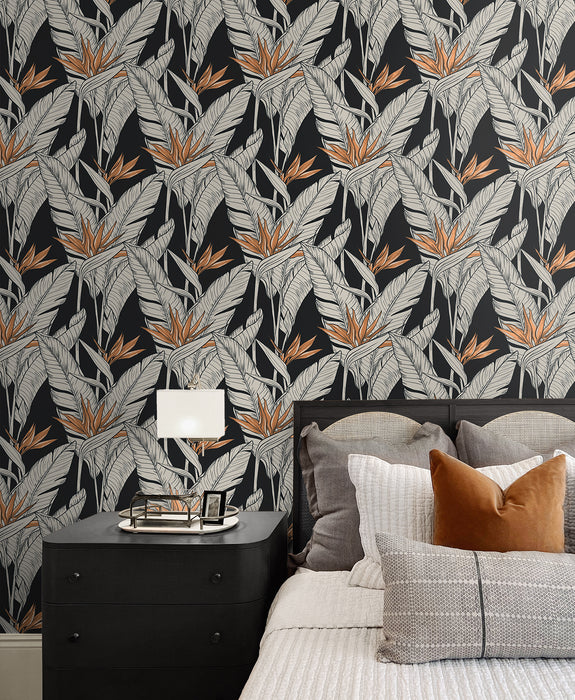 Seabrook Designs Birds Of Paradise Onyx & Metallic Copper Wallpaper Sample SG11910